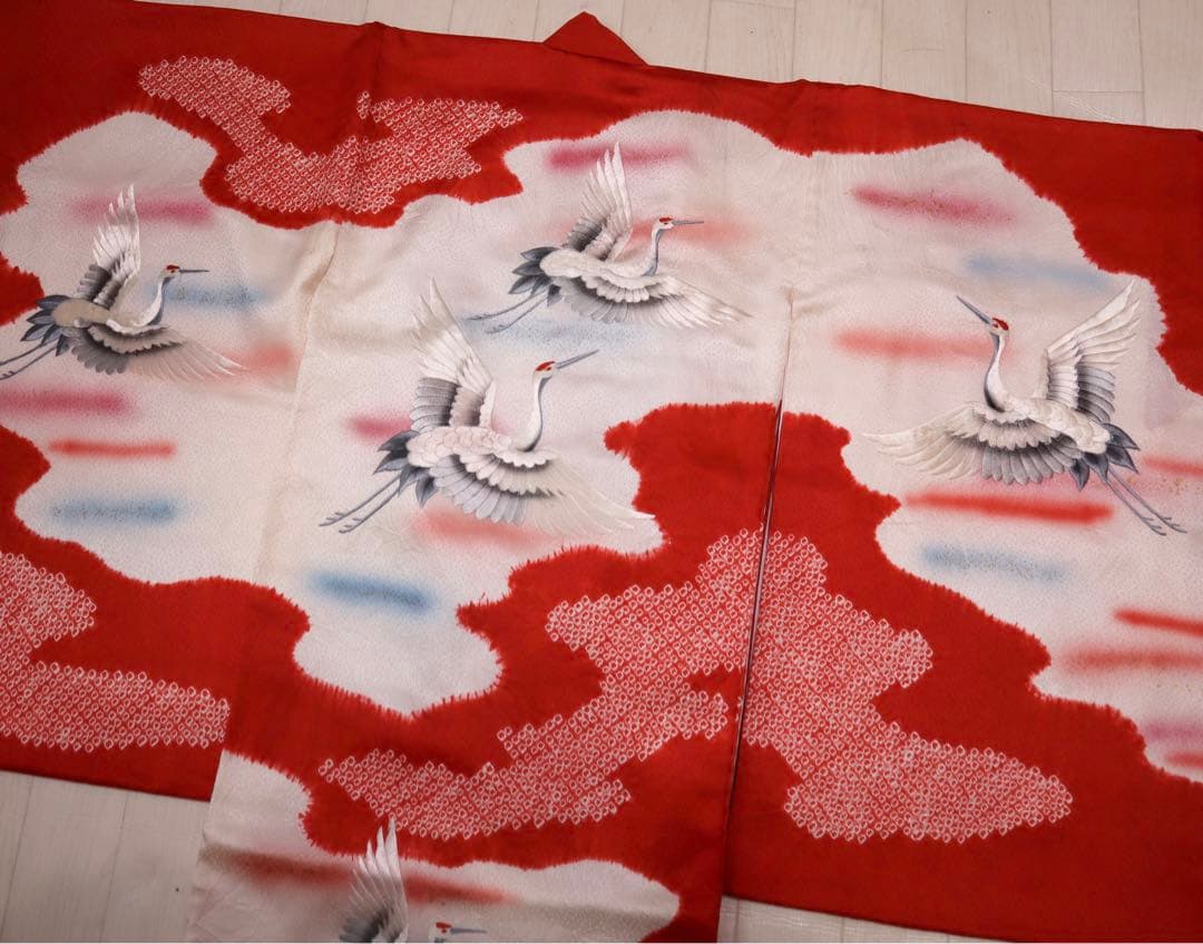 美品　正絹　総絞り　鶴　七五三　３歳　被布　セット　刺繍　産着
