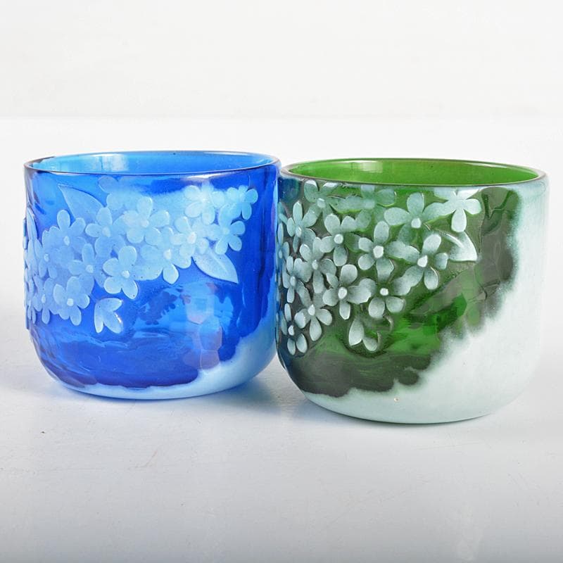 ガラス工芸　睦彰銘　花文　盃　一對　C　R6831