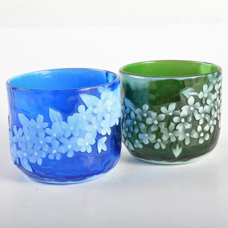 ガラス工芸　睦彰銘　花文　盃　一對　C　R6831