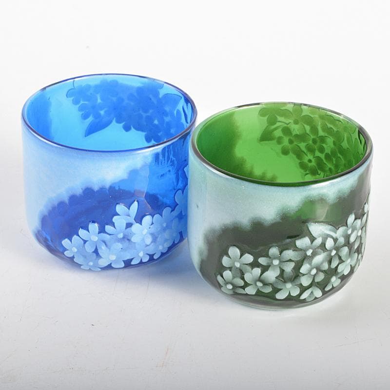 ガラス工芸　睦彰銘　花文　盃　一對　C　R6831