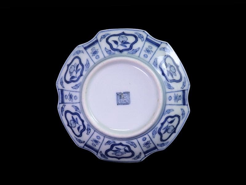 古伊万里　染付　吉祥紋に山村の図　六角豆皿　AS-DBe