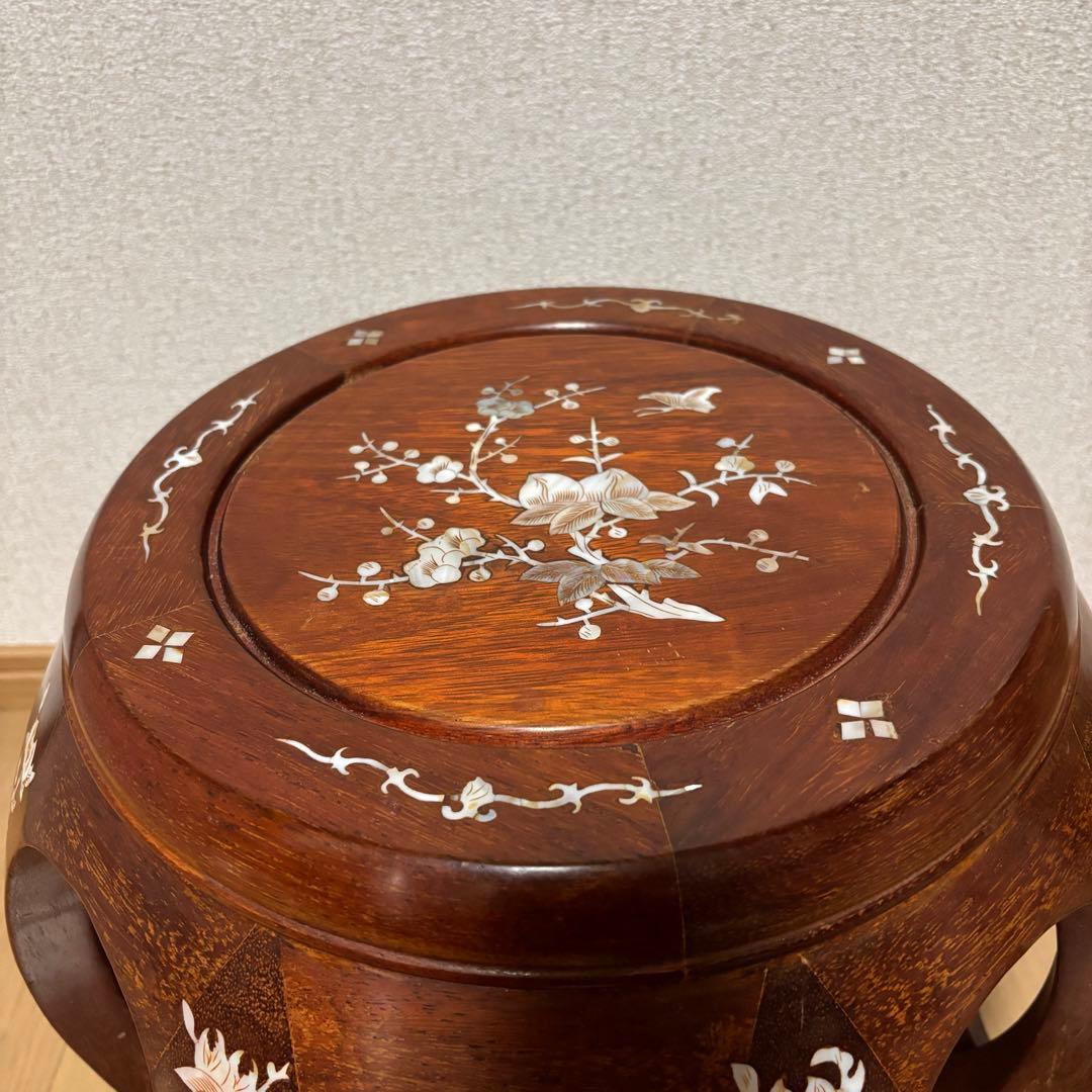 【美品】花梨 無垢 螺鈿細工 丸椅子 スツール 腰掛け 中国美術 工芸品