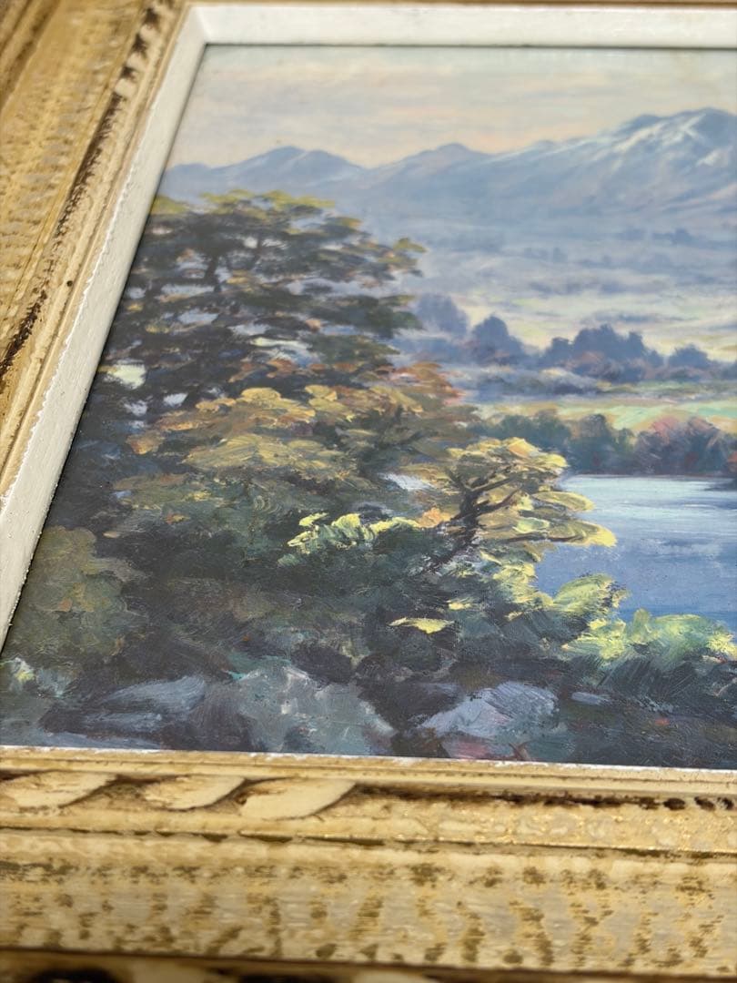 渡辺武「湖畔の森」風景画 装飾フレーム付き