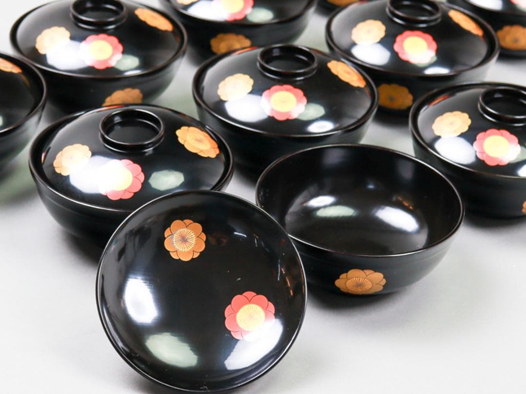 輪島屋 黒呂色塗 蓋付椀 10客 共箱 輪島塗