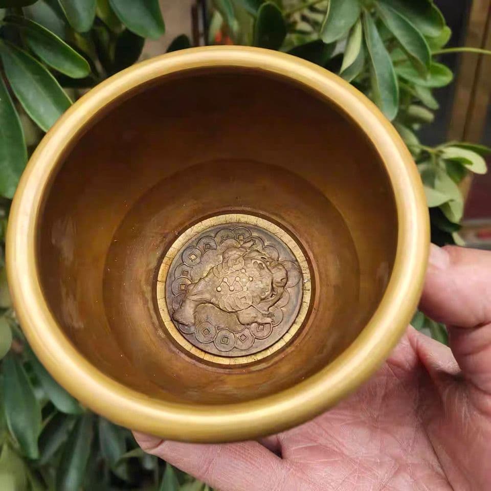 純銅双竜鉢灰皿 工芸品 美術品 置物