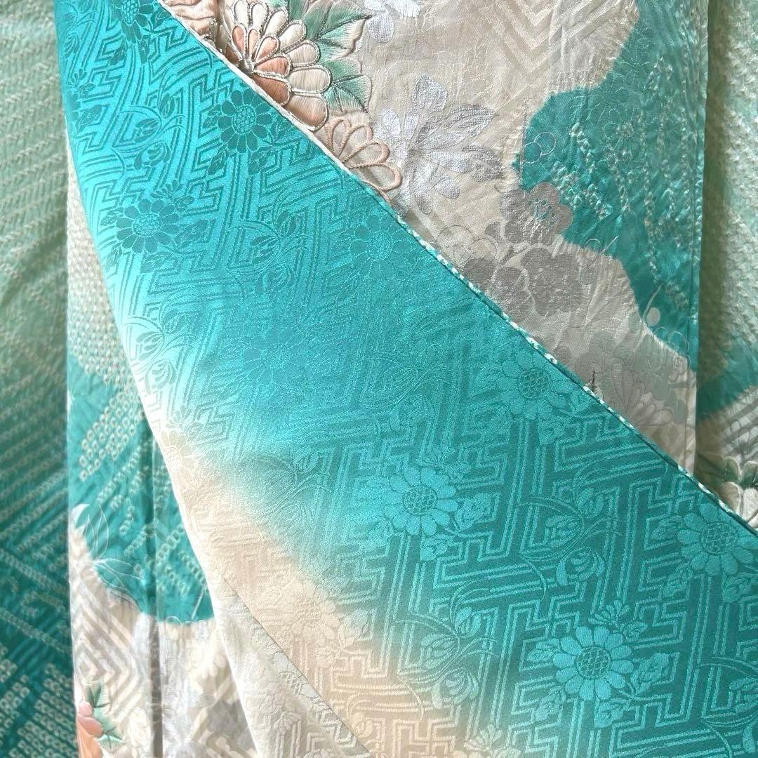 428 振袖フルセット 正絹 青緑 ピーコックグリーン 銀彩 駒刺繍 刺繍 絞り