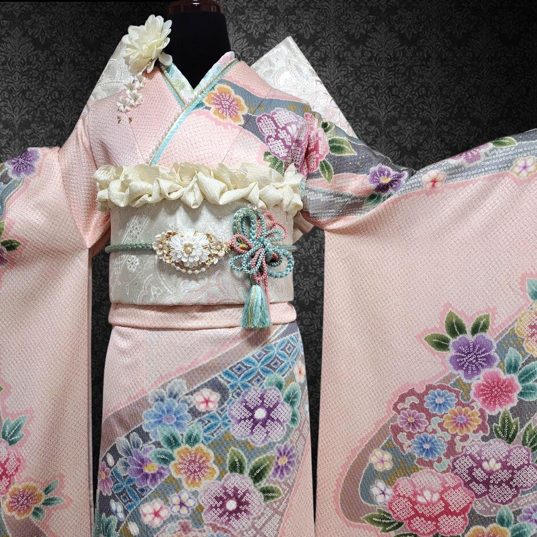 振袖フルセット(8点)・成人式・総絞り・エンボス加工・胴裏正絹・正絹・逸品