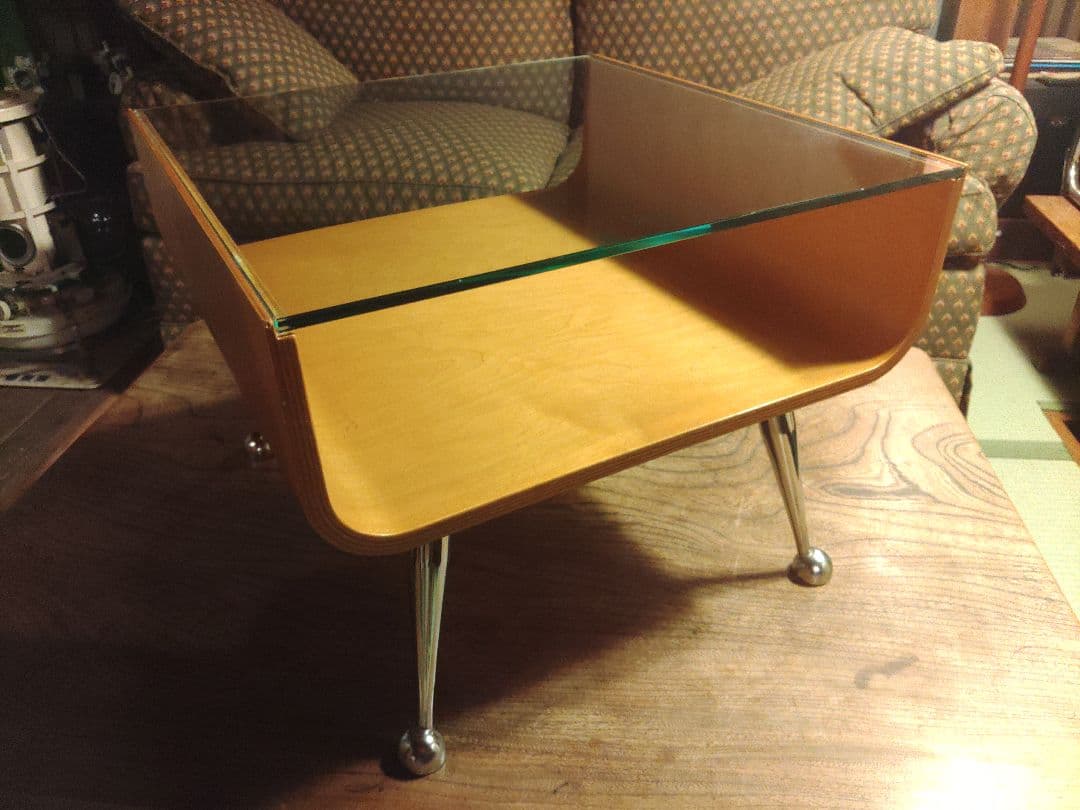 ミッドセンチュリー スペースエイジ プライウッド センターテーブル ガラス