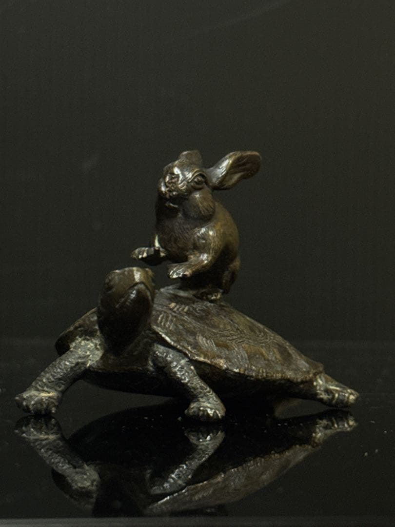 珍品 明治期 古銅 『うさぎとかめ』 兎と亀 置物 文鎮 コレクション