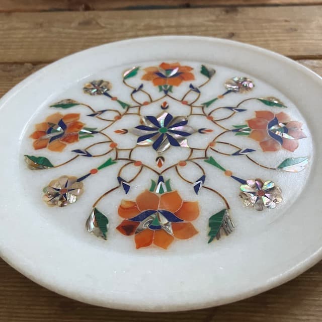 インド 工芸品 天然石 象嵌 細工 花模様 大理石 プレート 蝶貝 ヴィンテージ