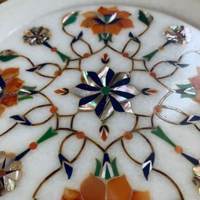 インド 工芸品 天然石 象嵌 細工 花模様 大理石 プレート 蝶貝 ヴィンテージ