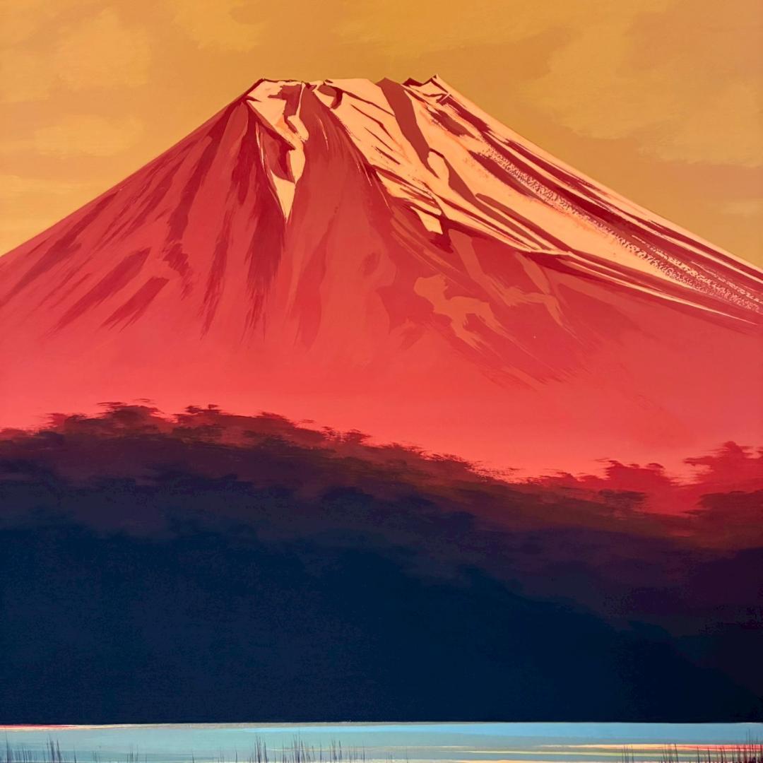 谷崎勉「赤富士」日本画 共シール有 直筆サイン・落款入り 額縁入り 開運 お正月