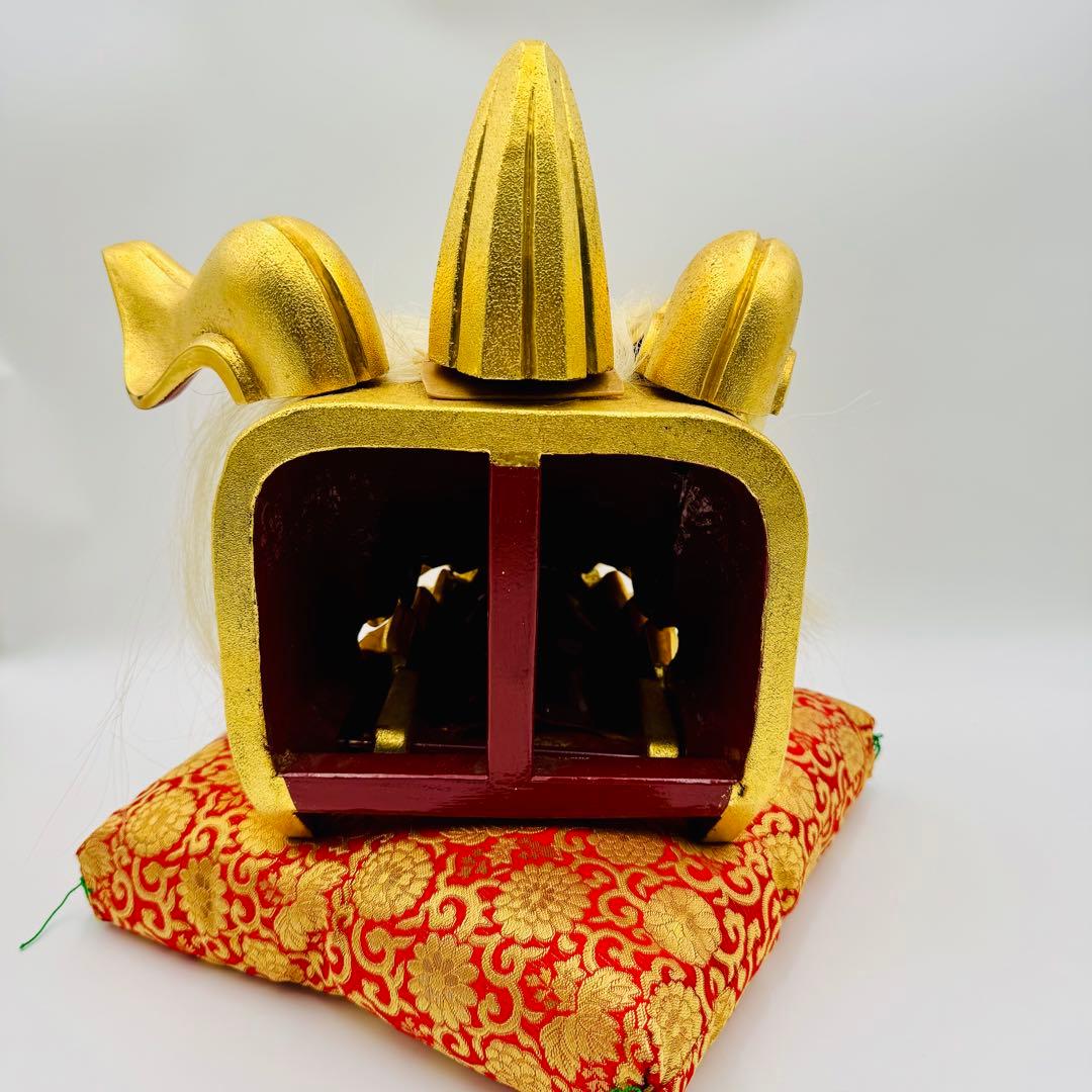 【木彫　瑞宝造　獅子頭　神具　縁起物　祭】邪気払い　骨董　アンティーク　共箱