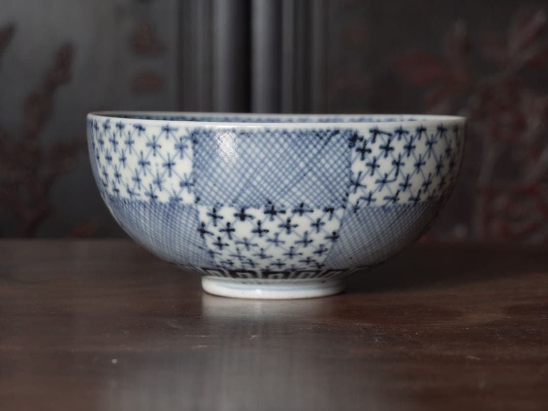 送料無料　江戸中期〜後期　古伊万里　染付　市松紋　鉢　盛鉢　菓子器　ボウル