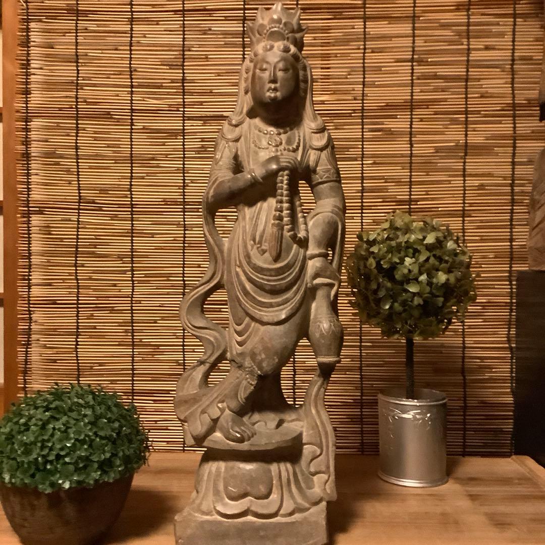 中国・初唐代石仏「水瓶観世音菩薩立像」初唐様式・大乗仏教寺院放出・極上大型