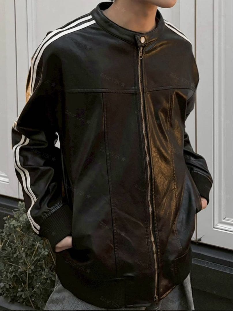 ジャケット・アウター Y2k line leather jacket black Luvcode xu