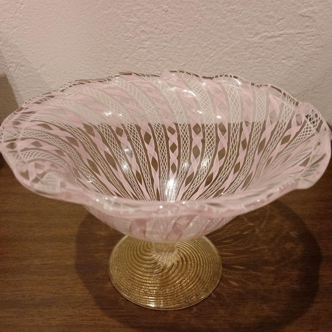 ベネチアンガラス　ムラノ　MURANO　コンポート　ピンク　レース　インテリア