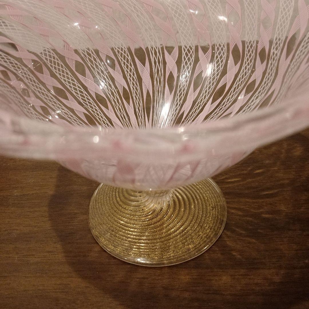 ベネチアンガラス　ムラノ　MURANO　コンポート　ピンク　レース　インテリア