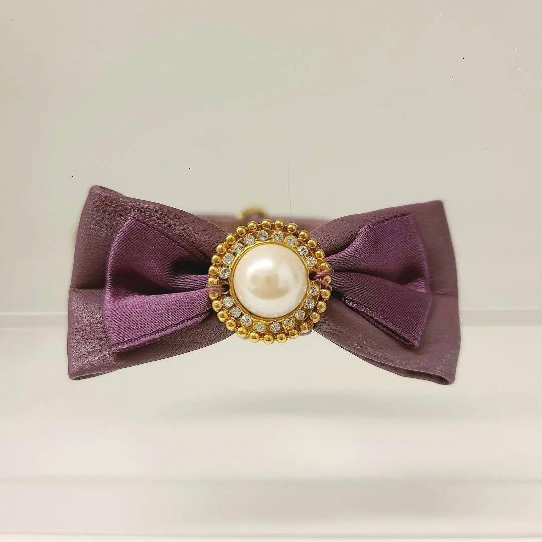 chi^ku チーク リボン 首輪 リード セット 革 くすみパープル オマケ付