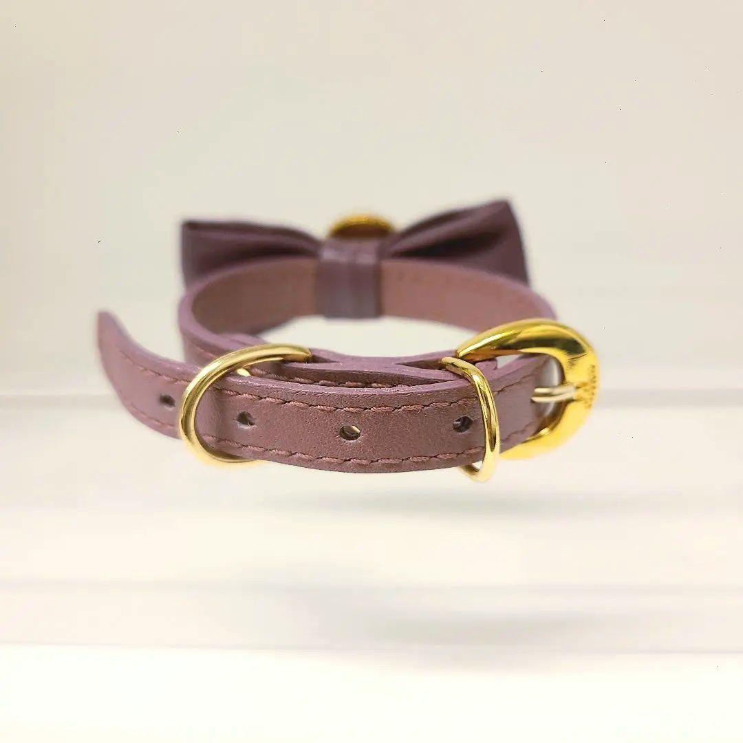 chi^ku チーク リボン 首輪 リード セット 革 くすみパープル オマケ付