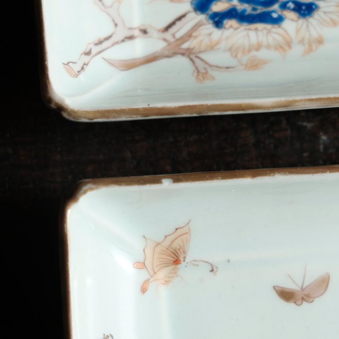 花と蝶々◆伊万里　花蝶文長方皿２客　刺身皿　芍薬　骨董・antiques 明治期
