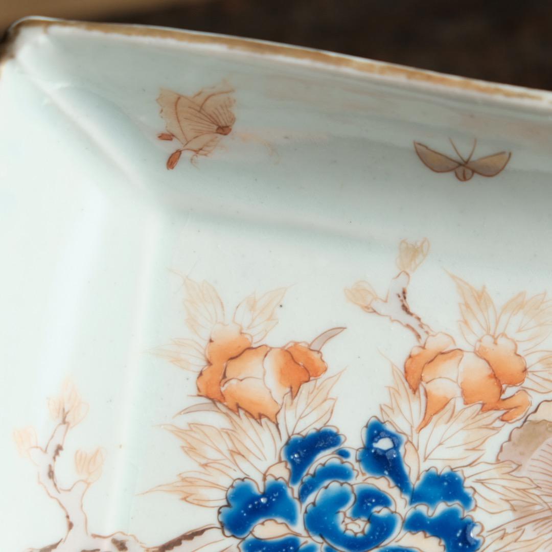 花と蝶々◆伊万里　花蝶文長方皿２客　刺身皿　芍薬　骨董・antiques 明治期