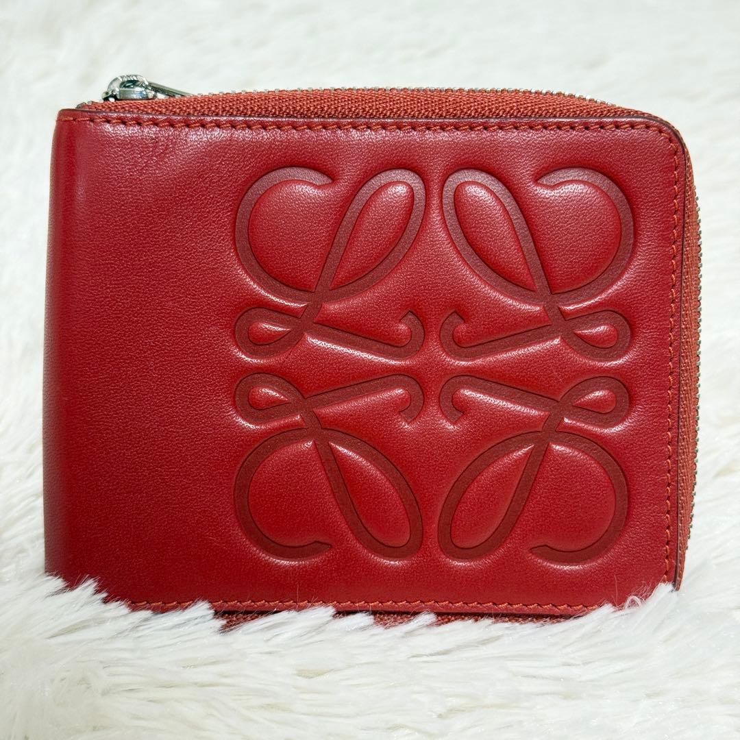 【美品】LOEWE アナグラム　デカロゴ　コンパクトウォレット　レッド