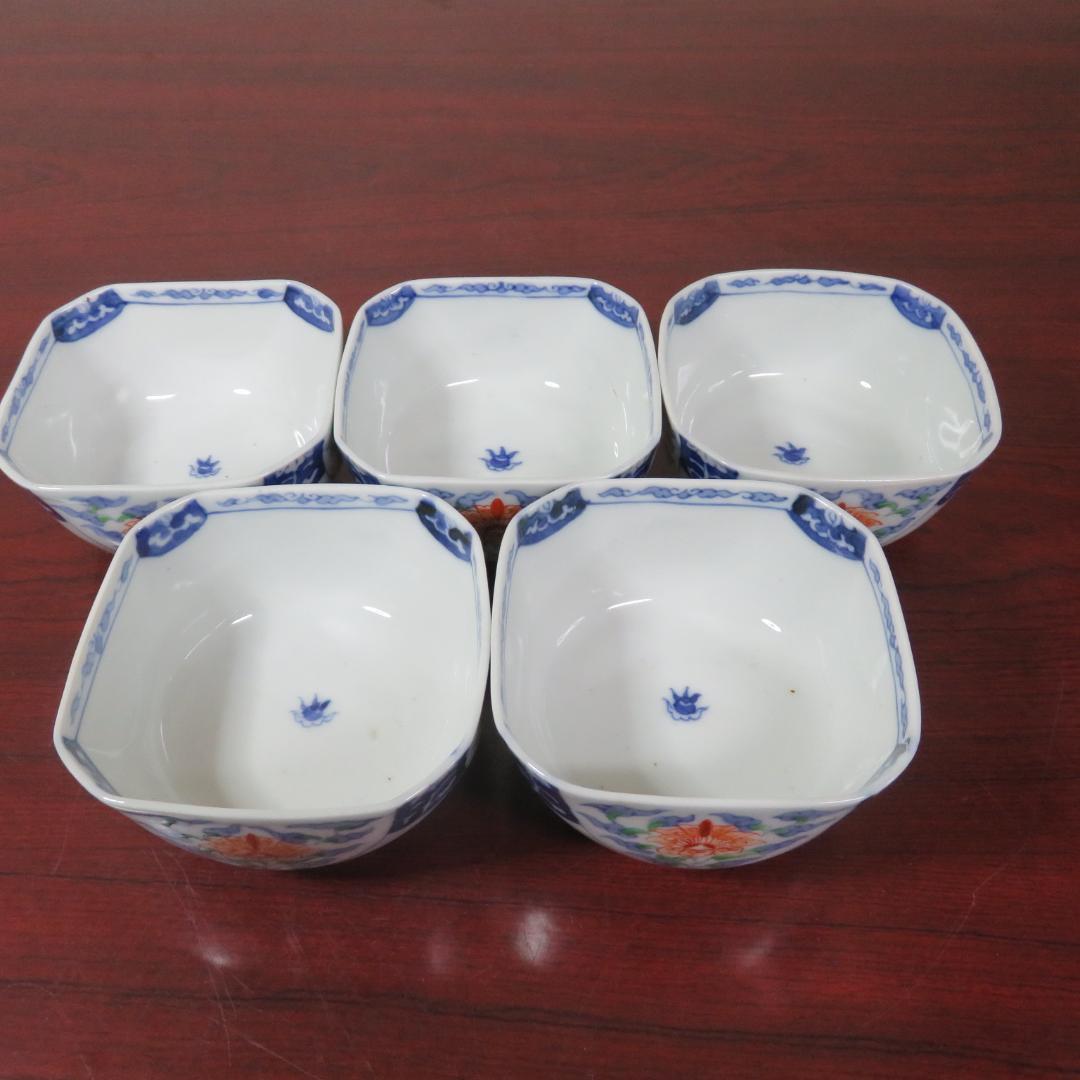 四角向付 5客 草花文様 染付 色絵付 明治 大正 蔵出し