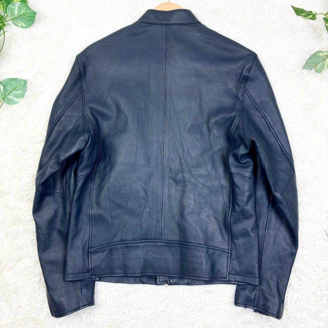 美品　メンズビギ　ラムレザー　シングルライダース　レザージャケット　M　ネイビー