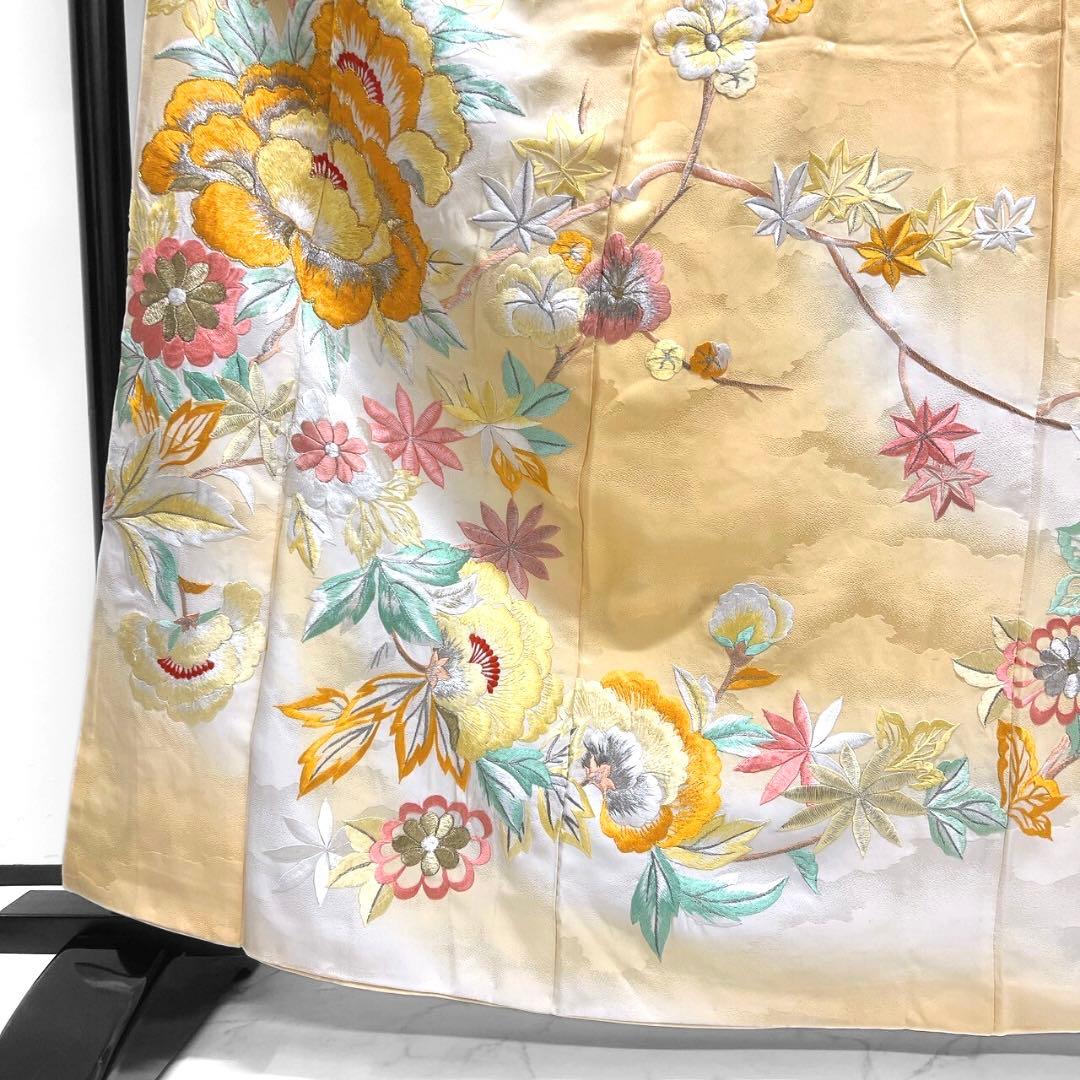 セミアンティーク　金駒刺繍　刺繍　牡丹　菊花　霞地紋　振袖　着物　094w p
