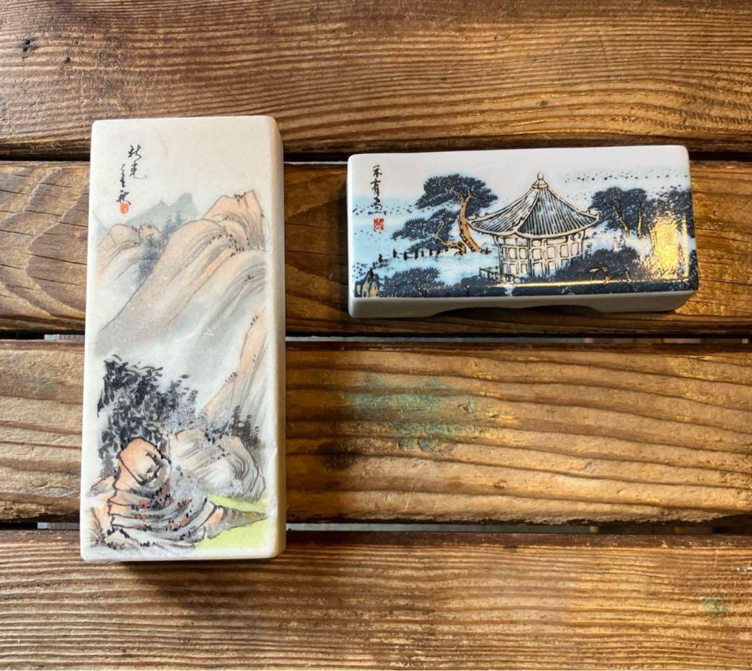 中国民国時代　政治家祭元培 使った書道具 花鳥人物老端砚筆置き 文鎮 硯