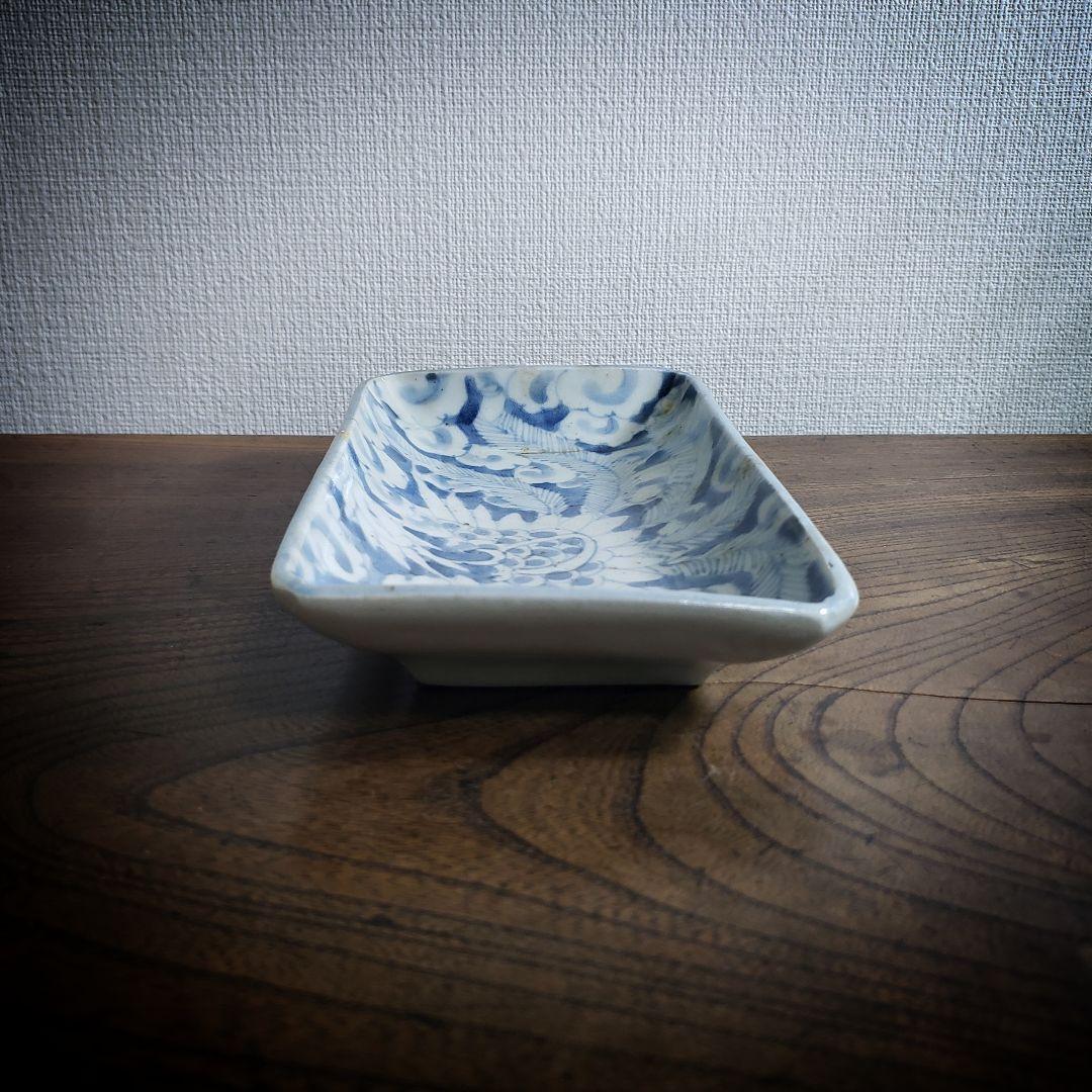 長皿　古伊万里　角皿　染付　鳳凰　雲 江戸