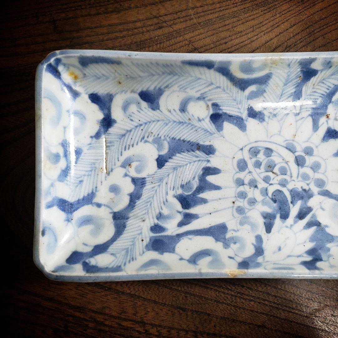 長皿　古伊万里　角皿　染付　鳳凰　雲 江戸