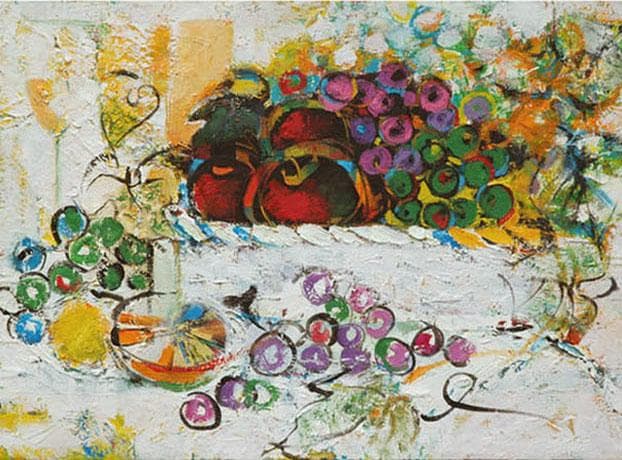 油絵 菅家令子 絵画インテリア額付(青緑＋金色の枠) uF6-060210果物