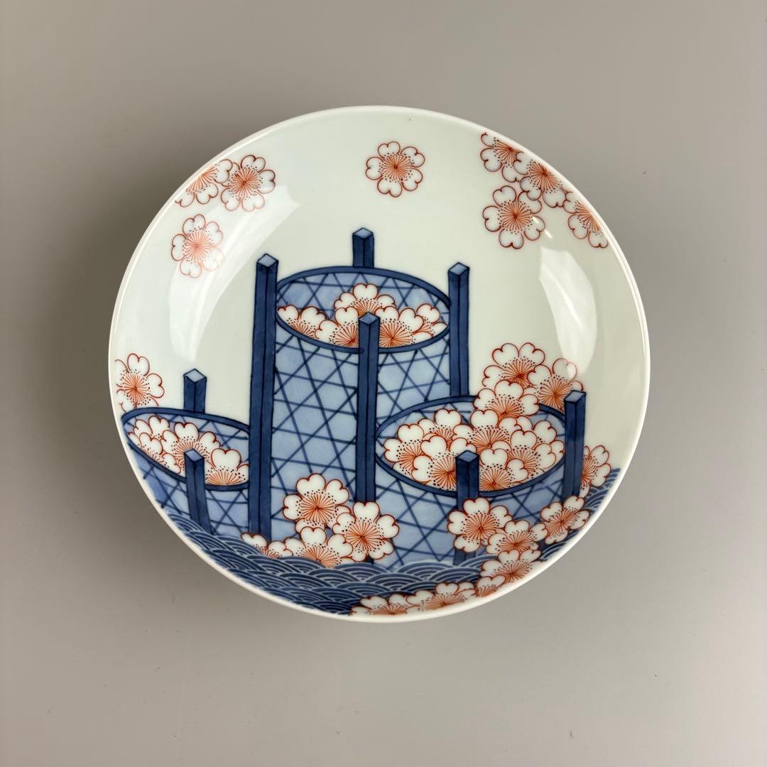 鍋島 色絵 桜花籠文 五寸皿 市川龍男 市川龍仙 共箱 皿 飾皿 絵皿