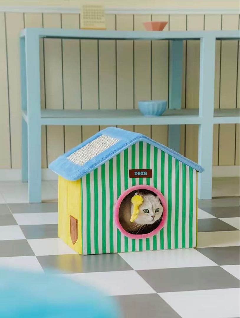 zeze キャットハウス 緑と黄色のストライプ