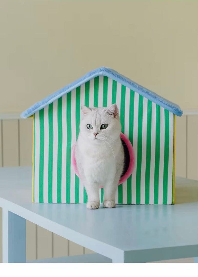 zeze キャットハウス 緑と黄色のストライプ