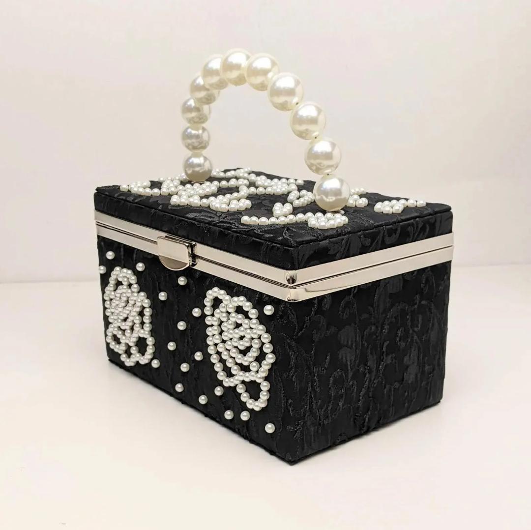 和装 振袖 パールビーズ サテン織 草履 バッグ セット 黒 ブラック kz12