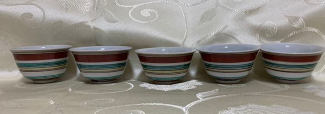 栄谷青泉窯　北出塔次郎　作　色繪筋文　汲出茶碗　5客