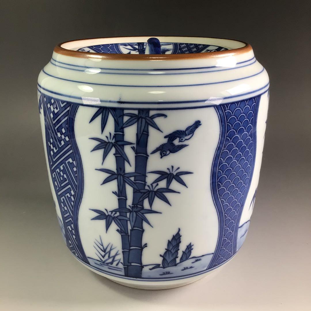 Ｐ９７８　水指　『千古窯造』『染付竹雀文』『一重口水指』　共箱　茶道具