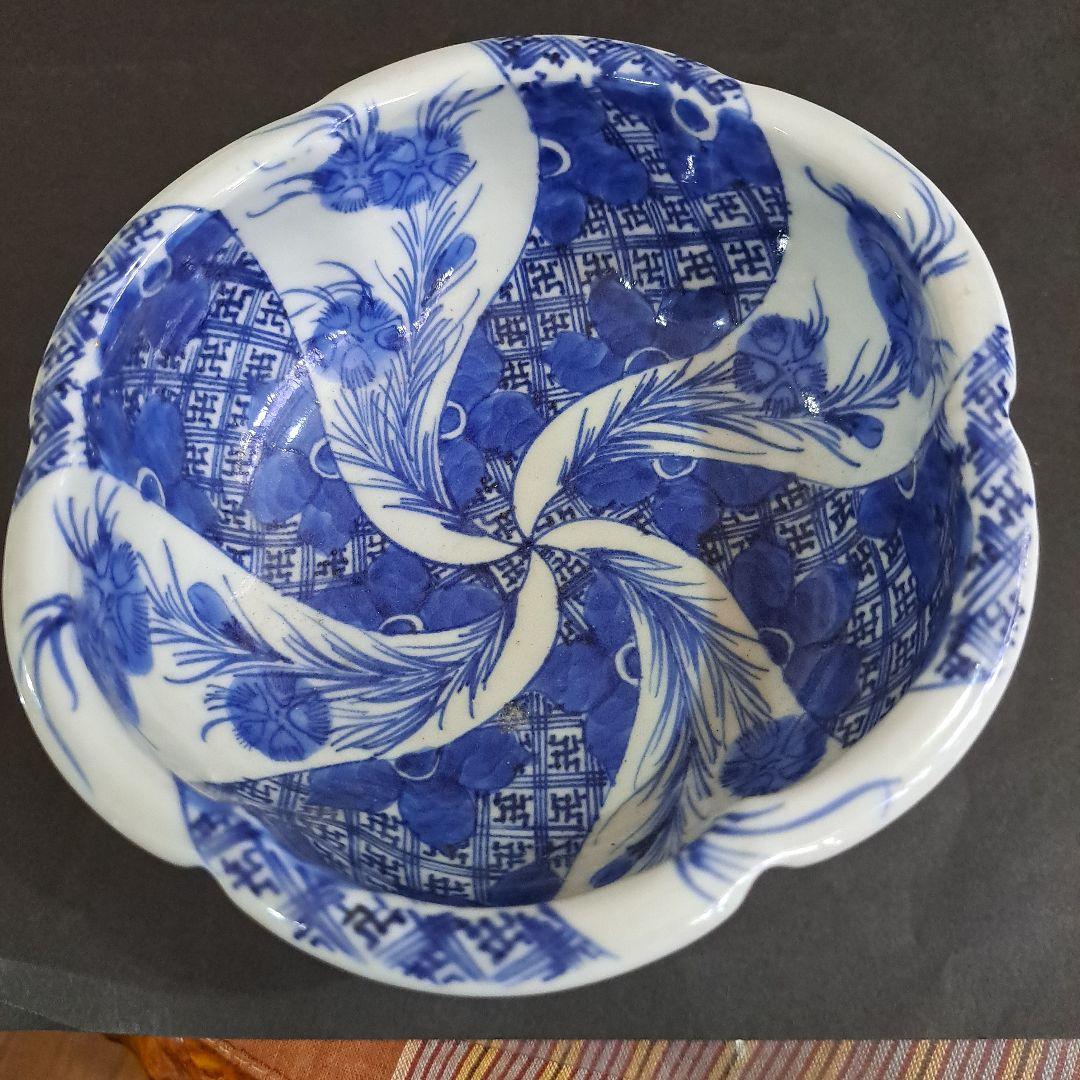 江戸中期　島津献上品　極上　肥前官調蔵製品　輪花　向付鉢　矢車草　染付青磁