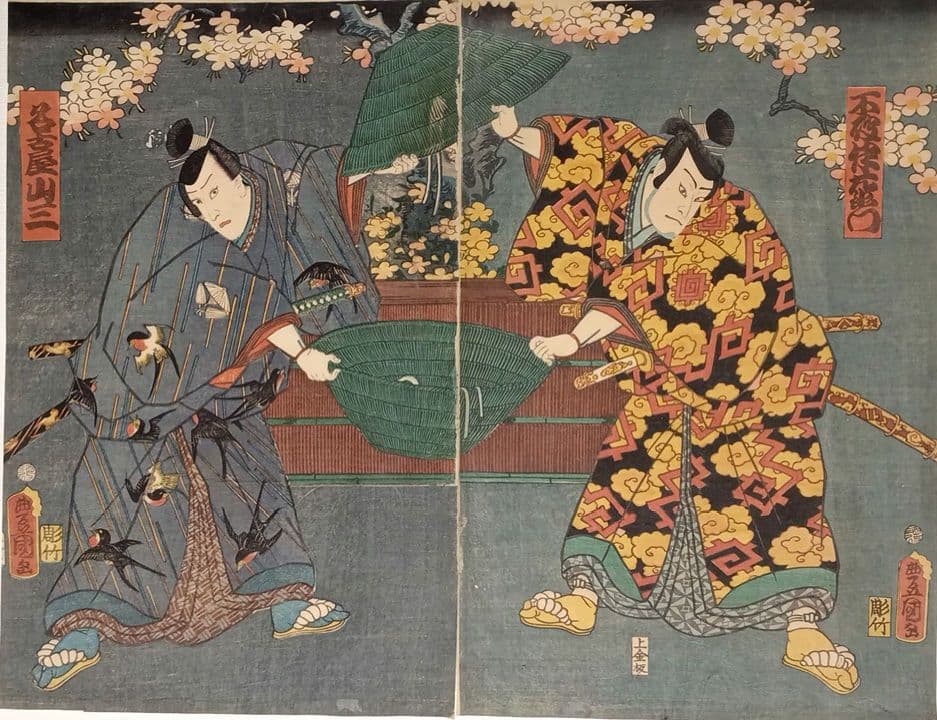 浮世絵版画、役者絵（浮世柄比翼稲津)三枚綴リの内の二枚売り三代豊国画万延2年出版