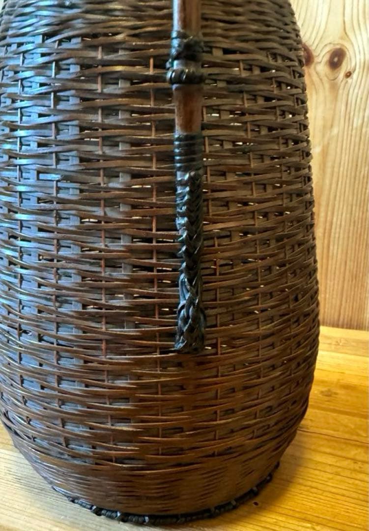 美品　籠　唐物　手付松葉籠　島田竹宝斎作　生花籠　箱付き　茶道具