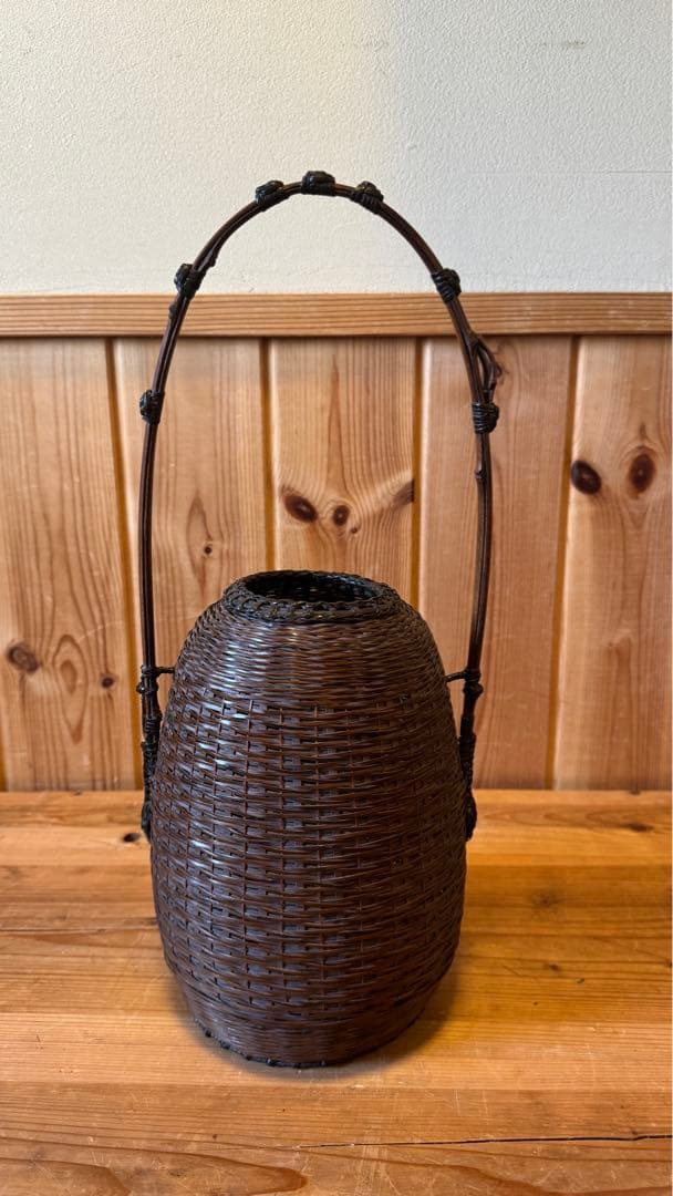 美品　籠　唐物　手付松葉籠　島田竹宝斎作　生花籠　箱付き　茶道具