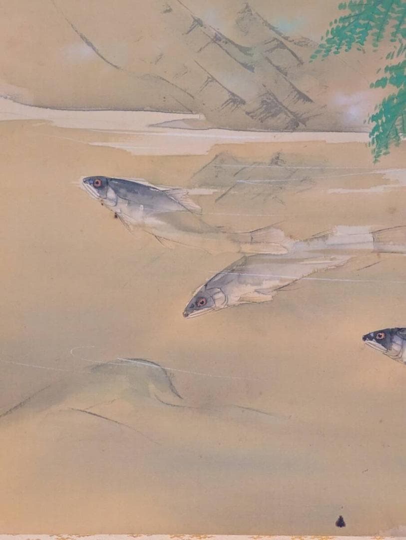【真作】掛軸　松岡古峰　渓流に鮎　川魚図　清流画　古美術　共箱入　U81
