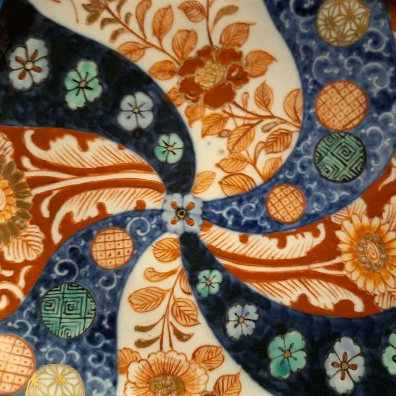 古伊万里中皿美しい美しい捻り紋裏にもびっしり描き込みの秀作明治時代九谷江戸骨董