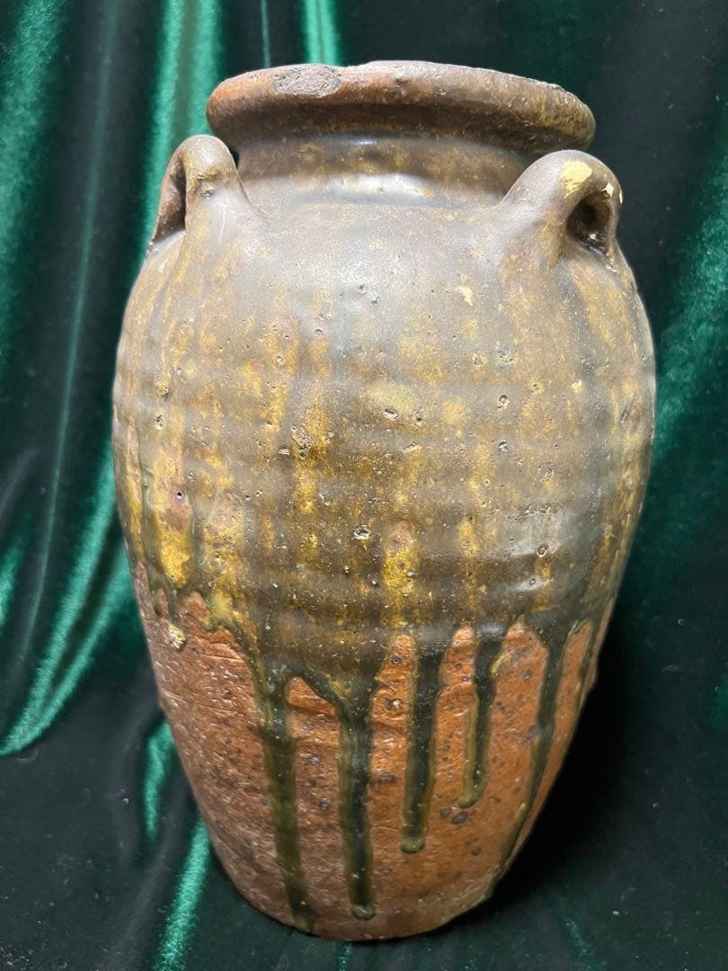 中国明朝（青釉 四耳壺陶器骨董品 時代物 高さ27cmx12cm整理品現状品のみ