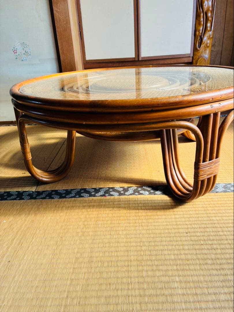 籐家具 ラタンラウンドローテーブル 籐素材 円卓 座卓 机 ラタン 昭和レトロ