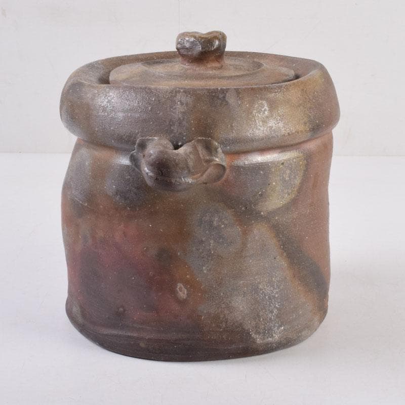 備前焼　木村利正作　双耳水指　共箱　C　8459A