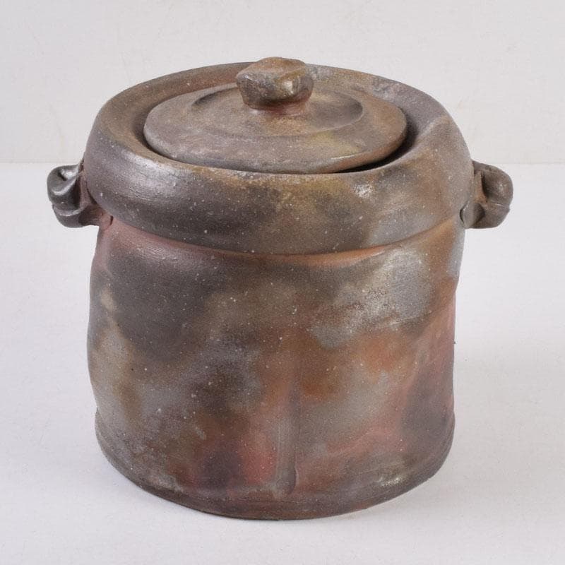 備前焼　木村利正作　双耳水指　共箱　C　8459A